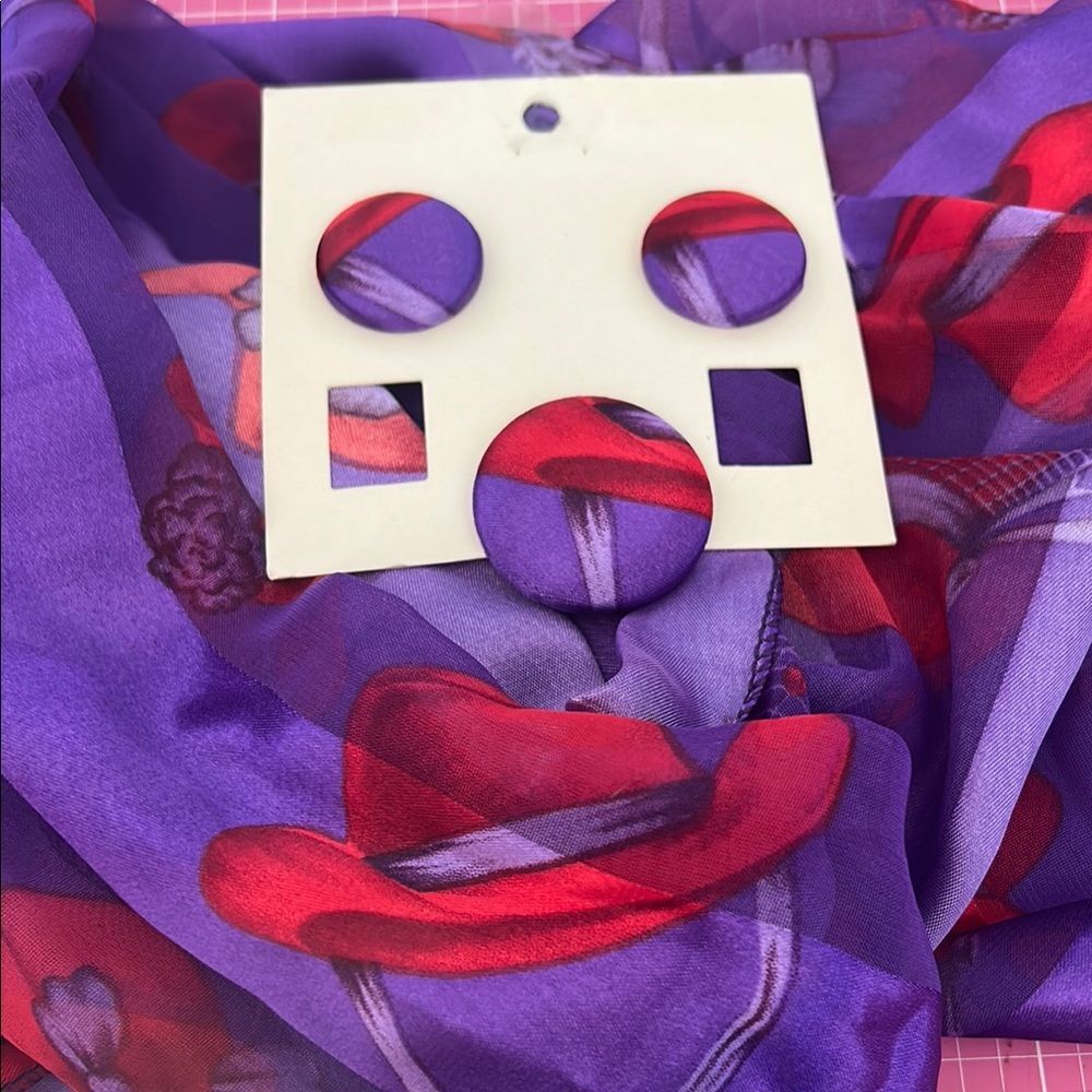 Vibrant Purple and Red Lightweight Scarf with Scarf Clip and matching Earrings